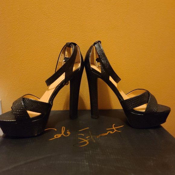 Black Colin Stuart Snake Print Platform Heels - Women's size 7 - Picture 4 of 10